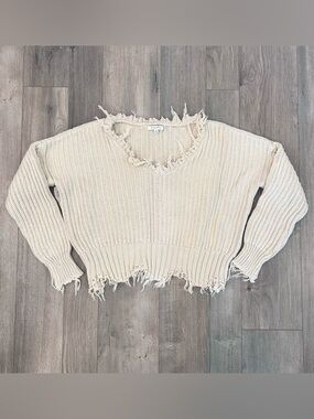 Z Supply Distressed V-Neck Knit Sweater in Cream